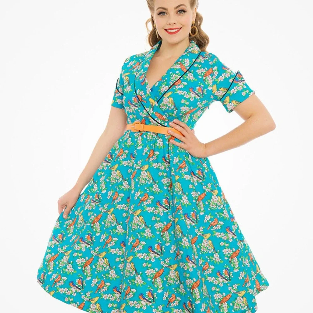 Lindy Bop Courtney Teal Blossom Bird Print Swing - Picture 4 of 4